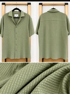 Thom Aaron Textured Olive Green Short-Sleeve Button-Down Shirt